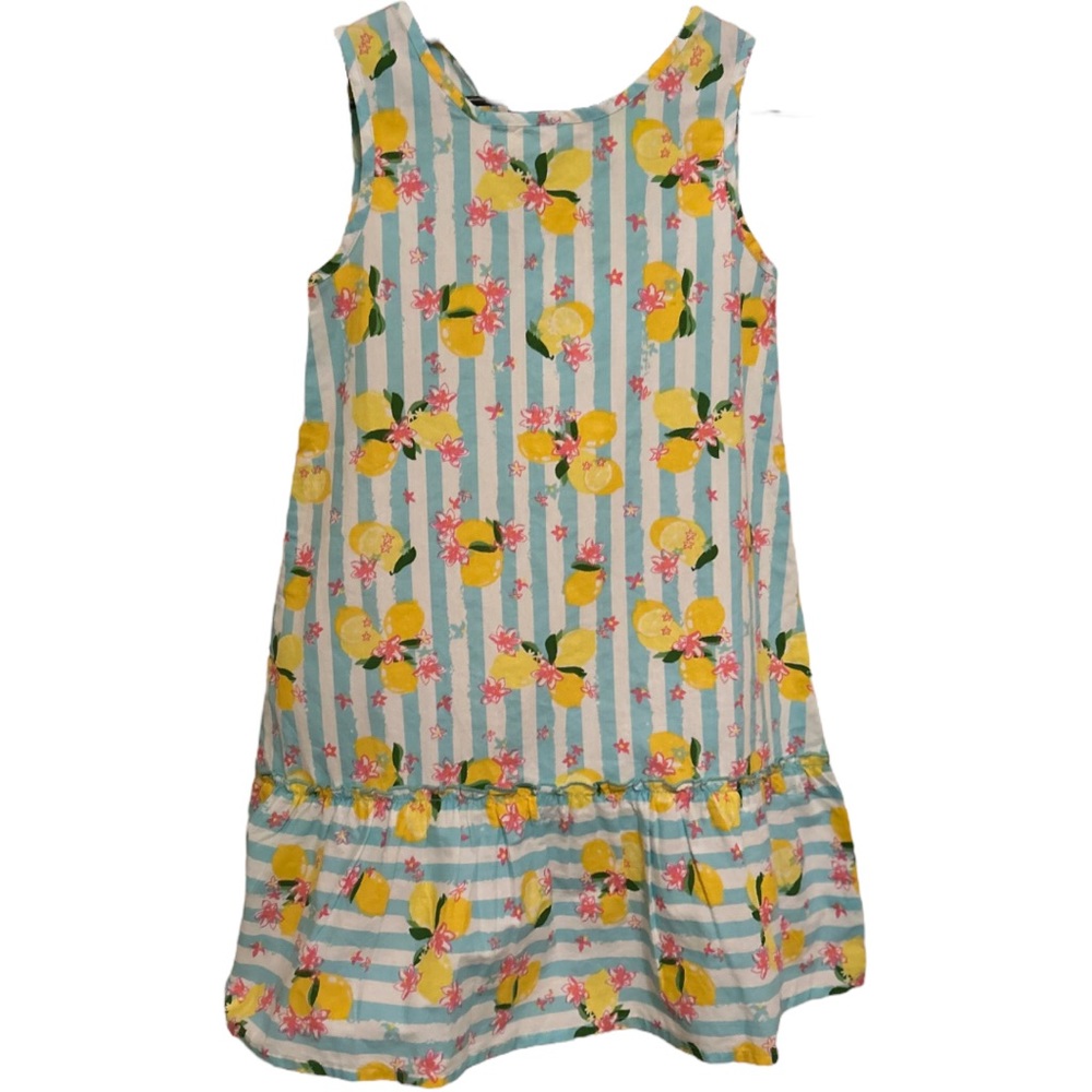 Beebay lemon and turquoise stripe a-line ruffle dress size 7 EUC